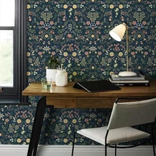  Navy Blue Floral Peel and Stick Wallpaper Boho Wall 17.3" x 118" Dark Blue