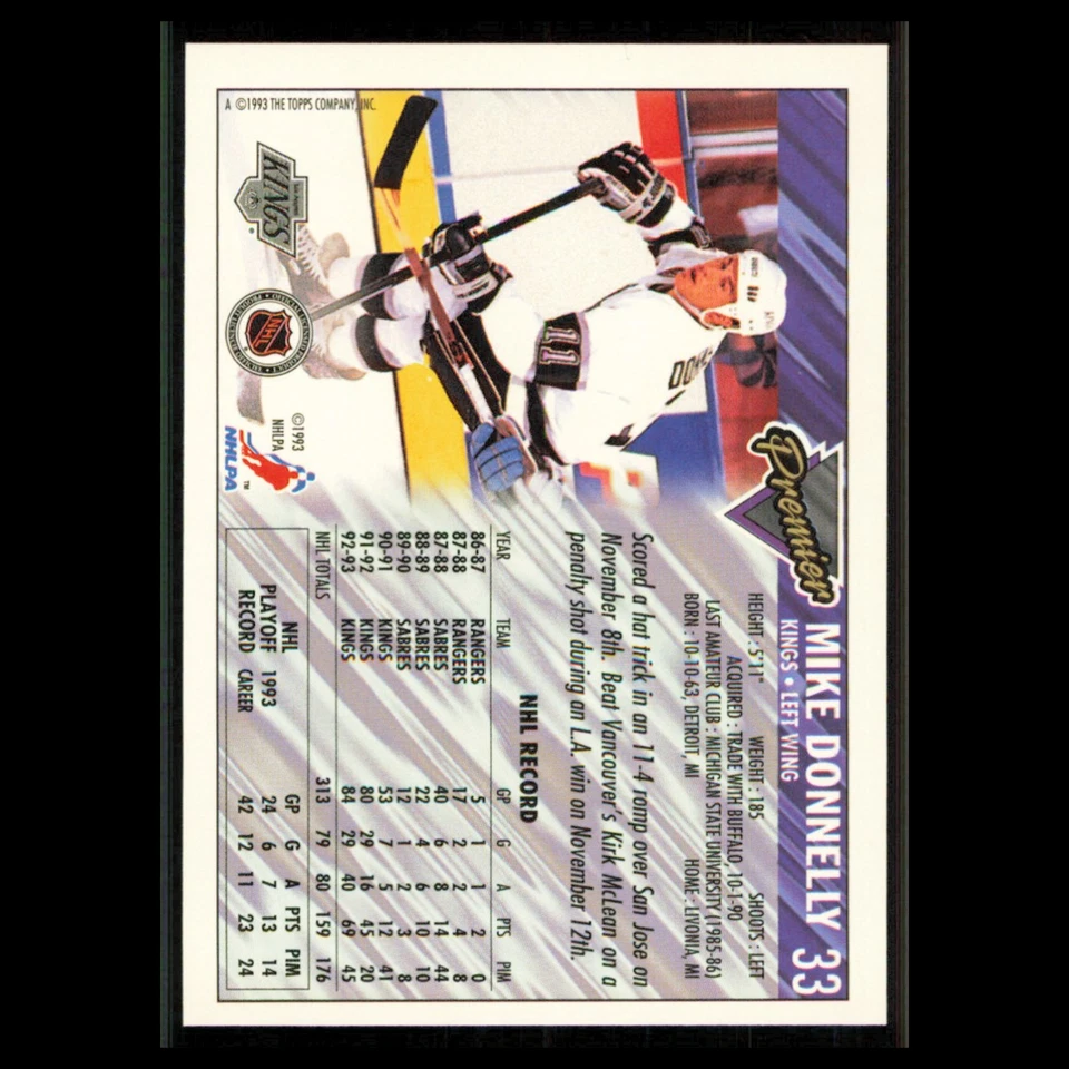 Mike Donnelly #33 1993 Topps Premier Los Angeles Kings Hockey Card NHL NM - Image 2 of 3