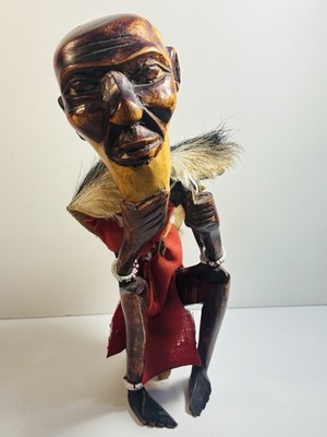 Hand Carved African Maasai Warrior Statue Wood With Animal Skin Tribe Elder LOOK