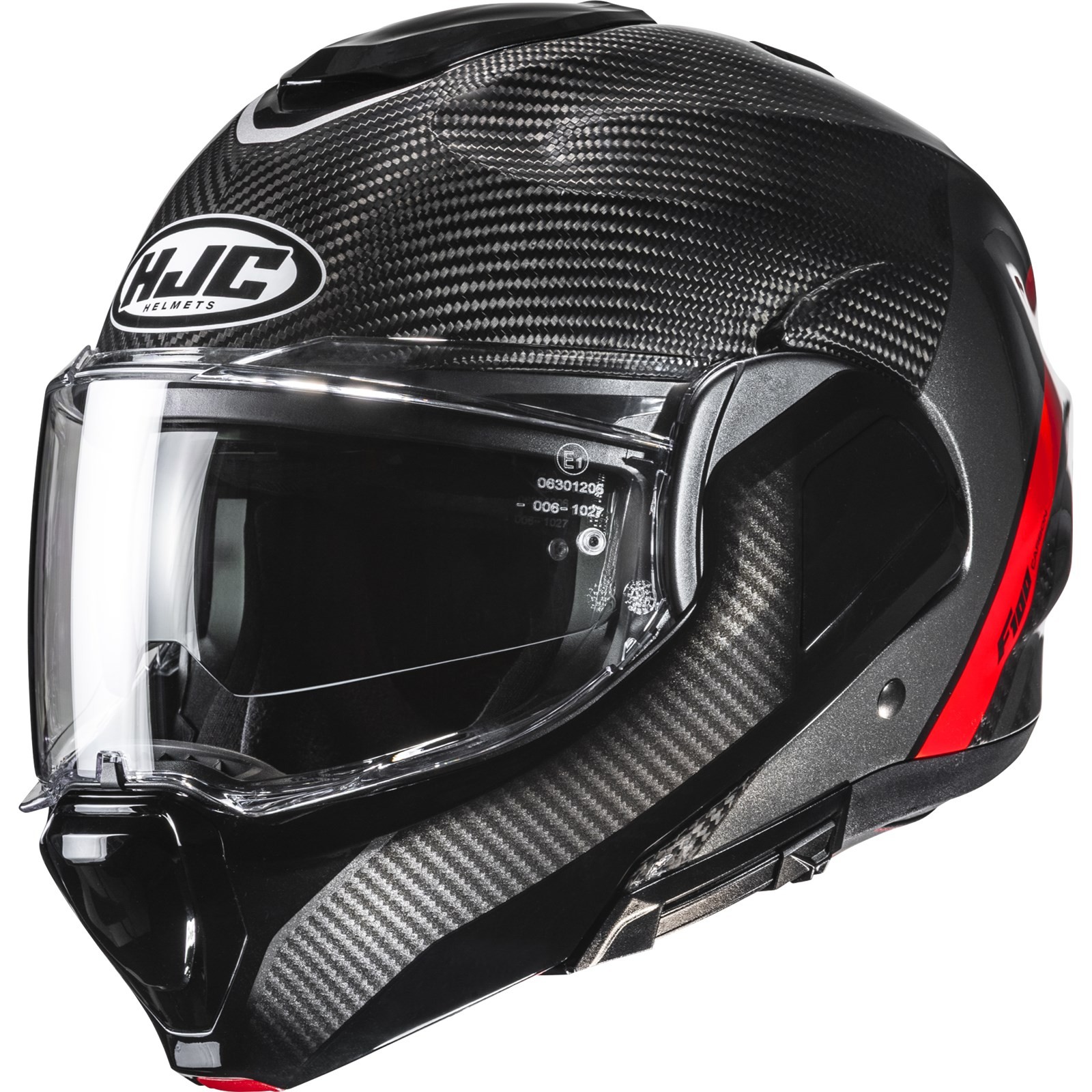 Motorcycle Folding Helmet XXL - HJC F100 Carbon Design - Black-Red