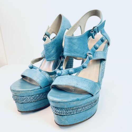 Balenciaga Size 41 10 Blue Leather Espadrille Wedges Shoes
