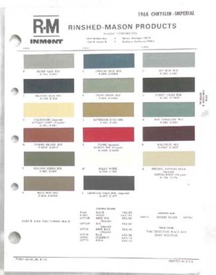 1968 CHRYSLER AND IMPERIAL  MOPAR R-M COLOR PAINT CHIP  CHART