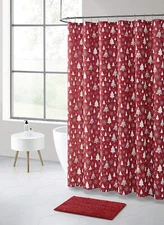Holiday Christmas Fabric Shower Curtain: Decorative Trees and Snowflake Design 