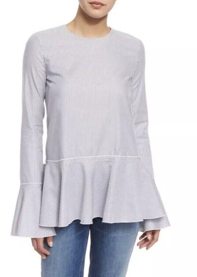 Top THEORY Azul Marino Blanco Rayas Lexanda Mason Popelina Manga Campana Peplum S 4/6 Foto 2 de 4