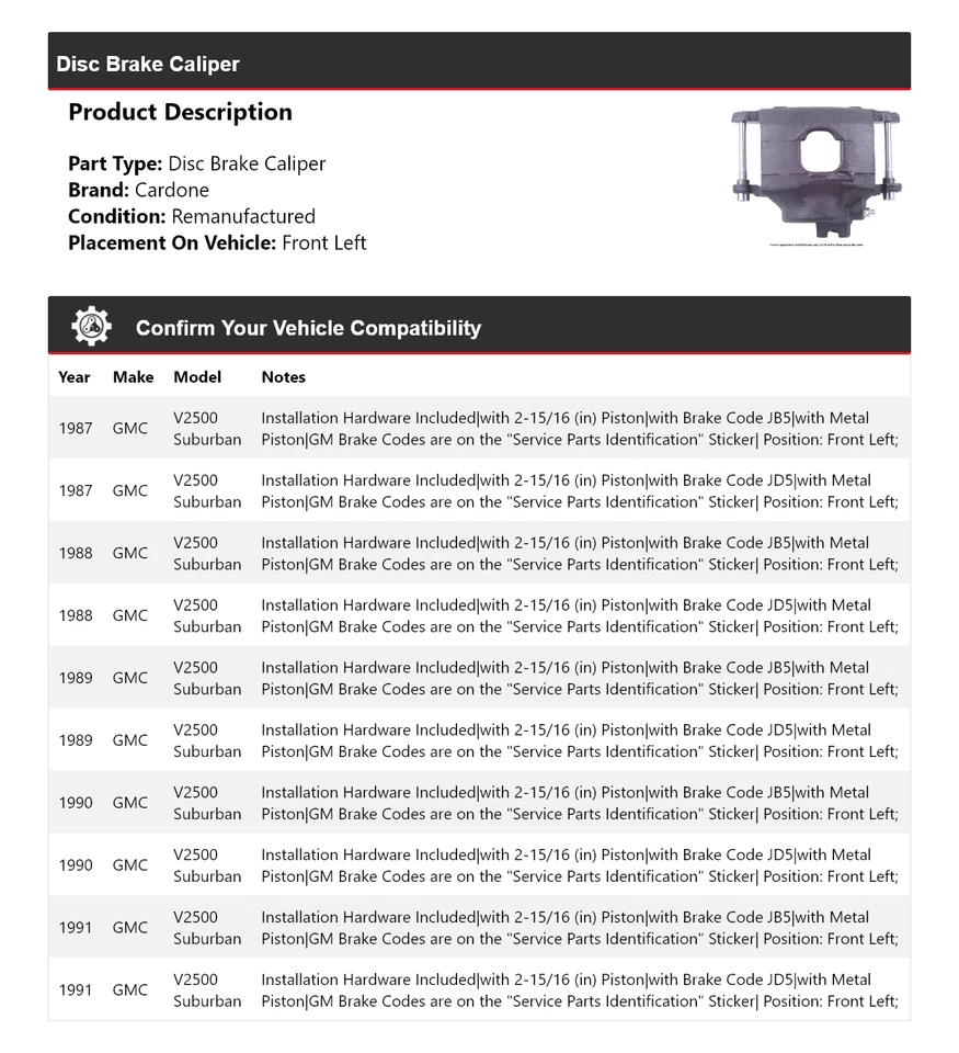 Pinza de freno de disco delantera izquierda Cardone 1988 1989 para GMC V2500 Suburban 1987-1991 Foto 2 de 4