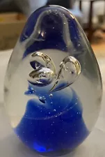 Art Glass Paperweight Air Twist Blue Spiral Bubbles Swirling Egg Shaped 3.5"