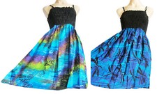 BLACK/BLUE ELASTICATED STRAPPY SUMMER DRESS, FITS UK SIZES 10 to 16 hand-painted