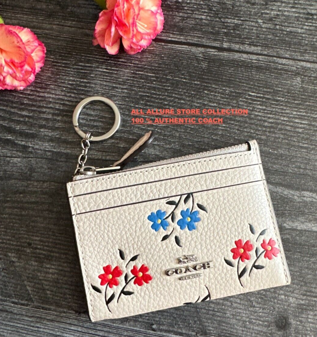 Coach CT995 Mini Skinny Pebble Leather ID Case Floral Print Silver