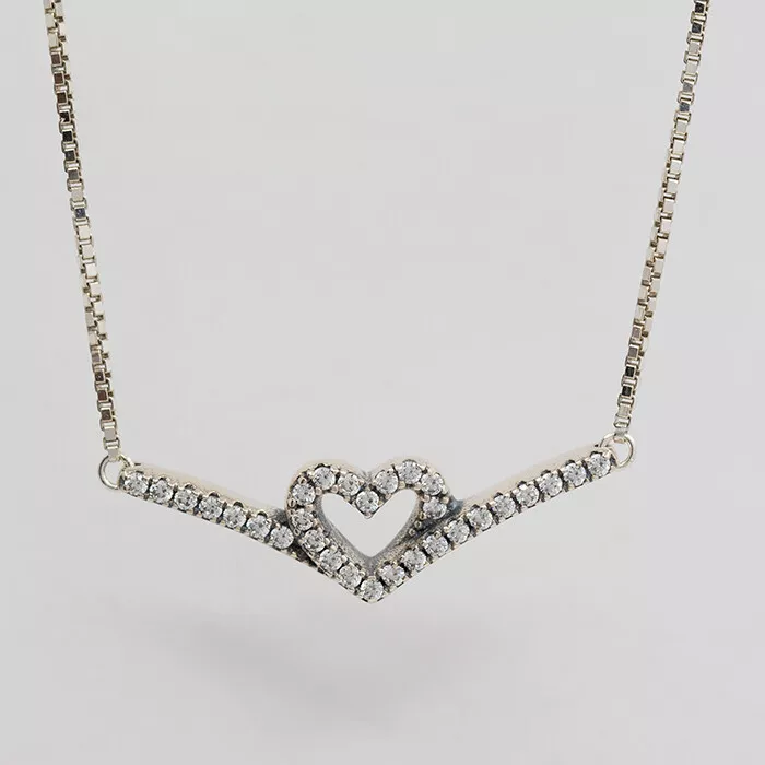 New Authentic Pandora Wishbone Heart Collier Necklace 399273CZ 45 W Hinged Box