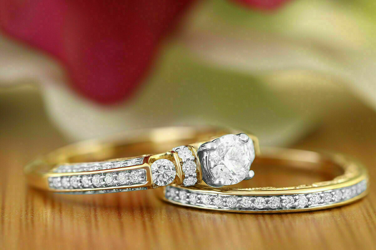 2 Ct Simulated Diamond Engagement Ring Wedding Set 14k Yellow Gold Plated Silver