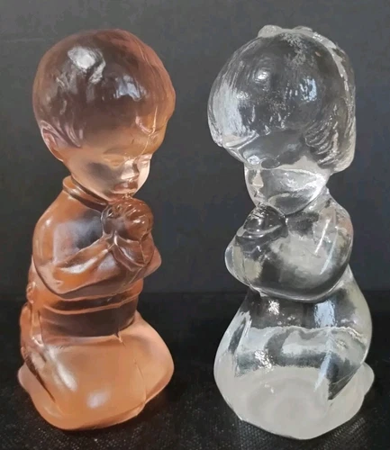 Fenton Praying Boy And Girl Clear Glass Boy Pink Girl Art Glass Figurine Set