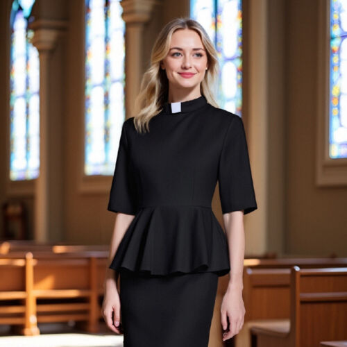 Women's Clergy Shirt Ministers Shirt Priest Peplum Shirt Short Sleeves Shirt