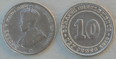 Straits Settlements 10 Cents Kursmünze 1918-1919 Silber / Ag KM# 29a ss-vzgl.