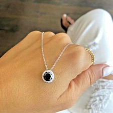 2.00Ct Round Cut Black Diamond Halo Pendant in 14K White Gold Finish Free Chain