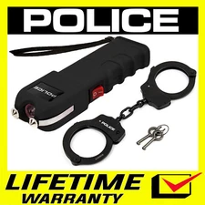 POLICE Stun Gun Flashlight Rechargeable 928 Black Steel Handcuffs Combo