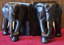 Early 20th Century Pair Of Hand Carved Elephant Bookends ~ Ebony Wood with Tusks