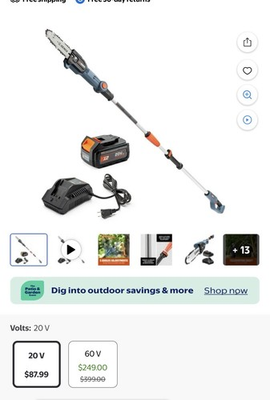 #ad SENIX Electric Pole Saw for Tree Trimming 8 Inch 20V Cordless Pole Chain Saw... $60.00