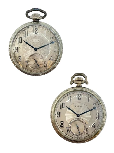 Antique Elgin White Gold Filled Pocket Watch Set