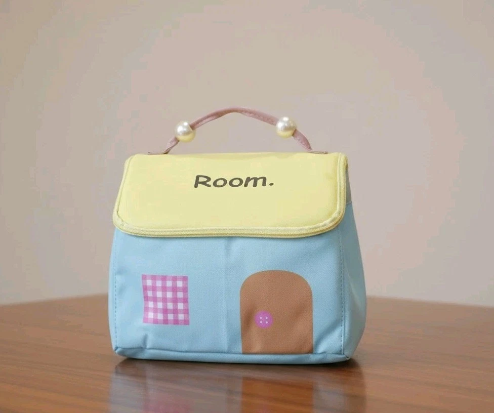 Kawaii Cottage Cosmetic Bag Pearl Handle House Makeup Travel Case Coquette Blue
