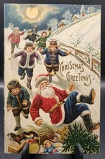 SANTA CLAUS Falling Toys Children Snow Red Coat Embossed Postcard 1900s Germany 