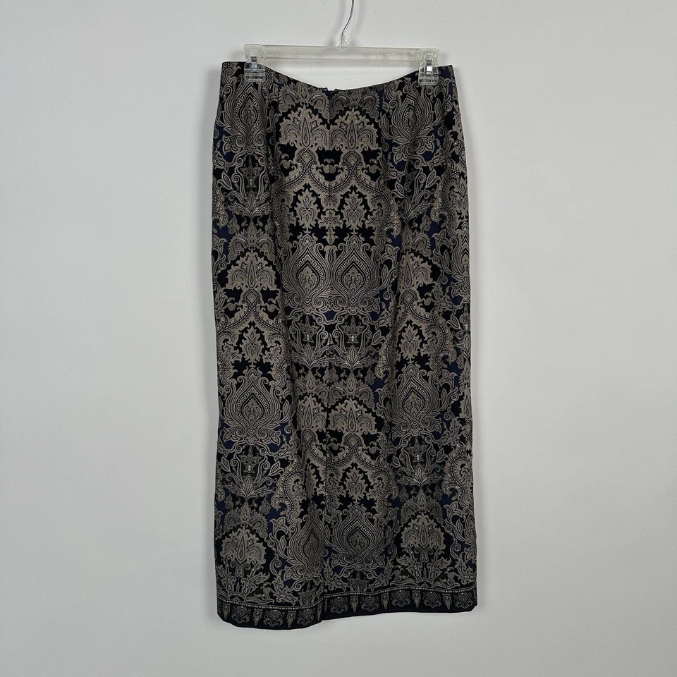 Talbots пейсли шелк шерсти карандаш Midi юбка sz 10 темно-синий серебро винтажный - Изображение 3 из 4