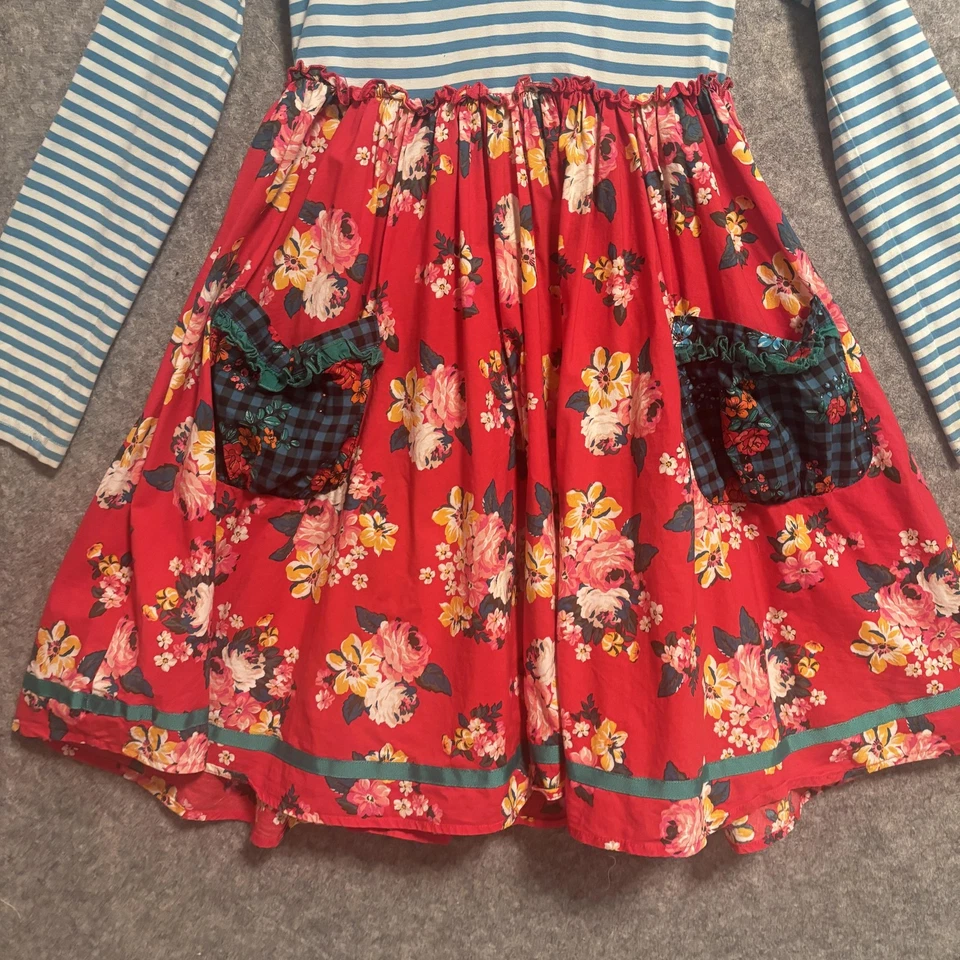 Vestido Matilda Jane Niñas Talla 12 Rojo Floral Capucha Rayas Manga Larga Parche Foto 3 de 4