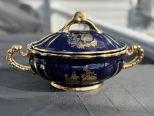 VTG Dresden Seramik Cobalt Blue Gold Porcelain Covered Tureen Rococo Courting