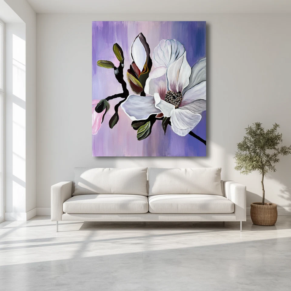 Magnolien Bild Handgemalt Acryl Gemälde 50x60 Leinwand Wandbild Modern Blumen - Bild 2 von 4