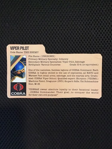 Gi Joe 1983 Cobra Viper Glider Pilot Original Karteikarte sehr guter Zustand ARAH AFA - Bild 1 von 2