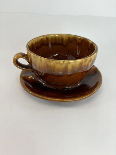 Vintage Brown McCoy Coffee Tea Cup & Saucer Planter Drip Glazed Plant Pot
