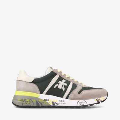 Premiata Men's Sneakers In Gray Suede With Green Details Art. LANDER 6632