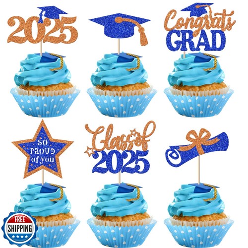 Rsstarxi 24 Pack Class of 2025 Cupcake Toppers Glitter 2025 Graduation Cake D
