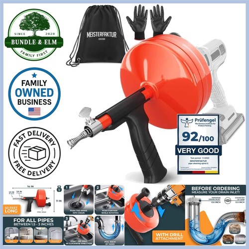 Drain Snake 50 FT Drill Attachment Eco-Friendly Clog Remover for Easy Plumbing