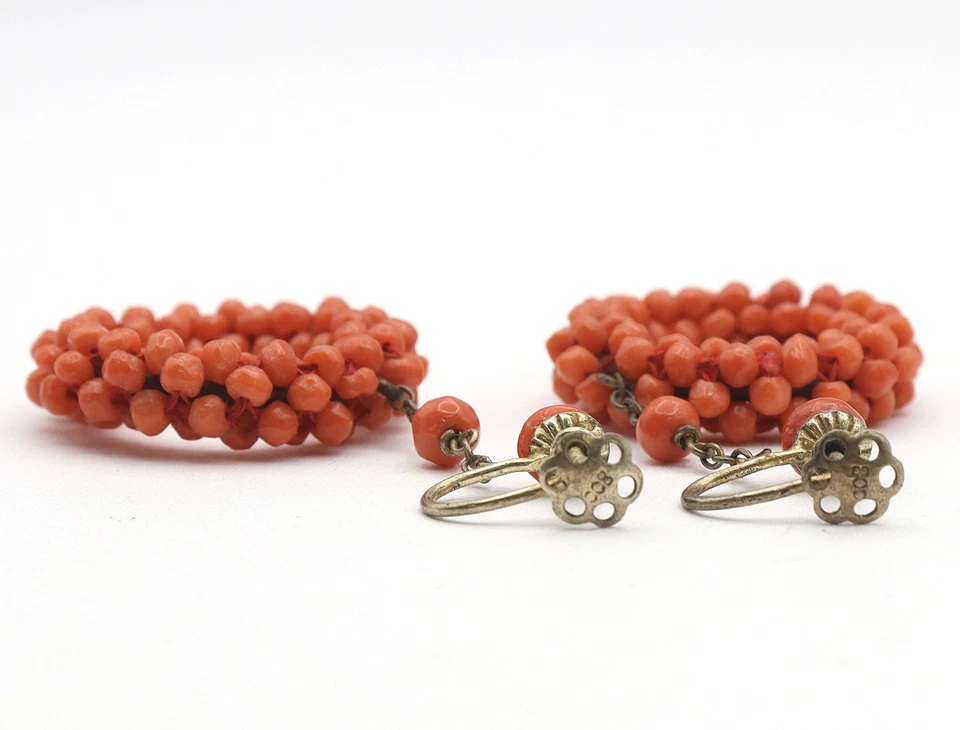 Pendientes colgantes vintage chapados en oro plata coral rojo tejido con cuentas Foto 4 de 4