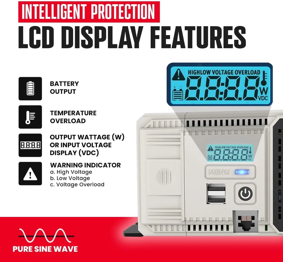 Energizer 1100 Watt 12V to 110v Pure Sine Wave Inverter Dual AC Outlets & USB - Image 3 of 4