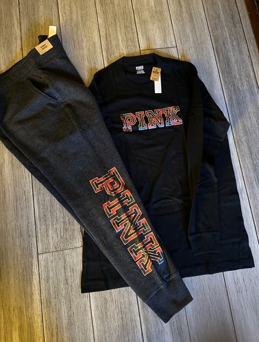 Victoria's Secret Pink Bling Red Plaid Campus Tee + Joggers Set Black /gray L ❤️ - Picture 3 of 7