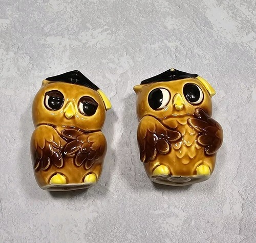 Vintage Pair Of Cute Retro Owl Ceramic Salt And Pepper Shakers - Picture 2 of 18