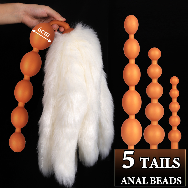 Super Long 5-tailed Fox Cosplay Huge Anal Beads Big Butt Plug Anus Balls  Sex Toy