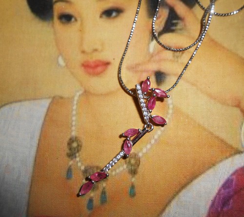 Schöne Vintage Halskette Art Deco Design Silber Rubin Brillanten - Bild 3 von 4