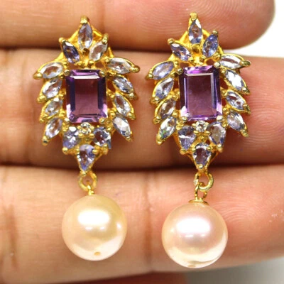 925 Sterlingsilber Ohrringe 9 mm Pinke Perle Amethyst Tanzanite & Zirkon - Bild 1 von 4