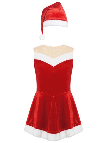 Kids Girls Christmas Costume Show Dance Dress Flannel Santa Claus Outfit 2Pcs - Picture 16 of 35