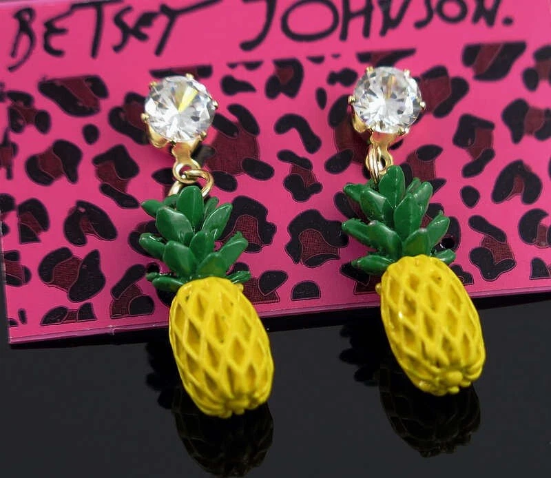Betsey Johnson Pineapple Crystal Gold Drop Dangle Stud Earrings Free Gift Bag