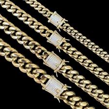 Miami Cuban Link Chain W. 1ct CZ Iced Clasp 14k Yellow Gold Plated Stainless