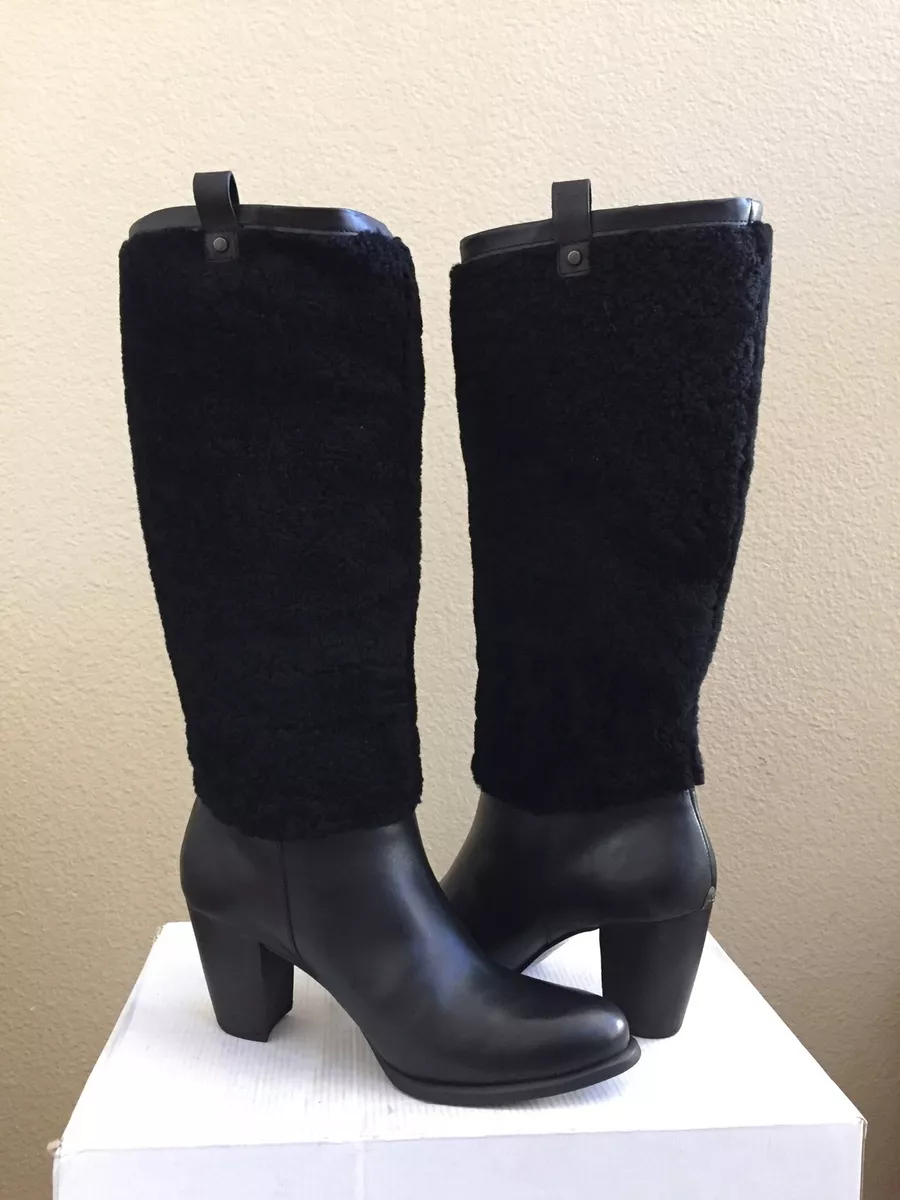 UGG AVA EXPOSED FUR BLACK KNEE HIGH HEEL BOOT US 6 EU 37 UK 4.5 NIB