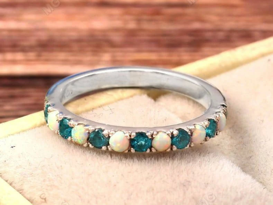 Swiss Blue Topaz Half Eternity Wedding Band with Dainty Opal Accents-image