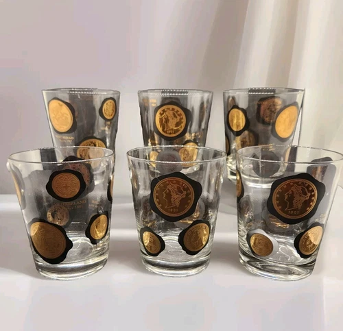Libbey Black Gold Coin Around the World MCM Whiskey Glasses Set 6 Barware VTG 
