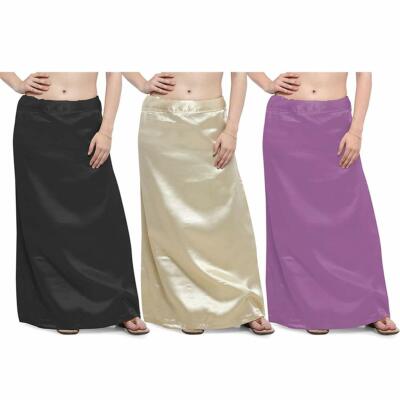 Women Satin Petticoat Saree Satin Underskirt Free Size Black Beige Purple Pack 3