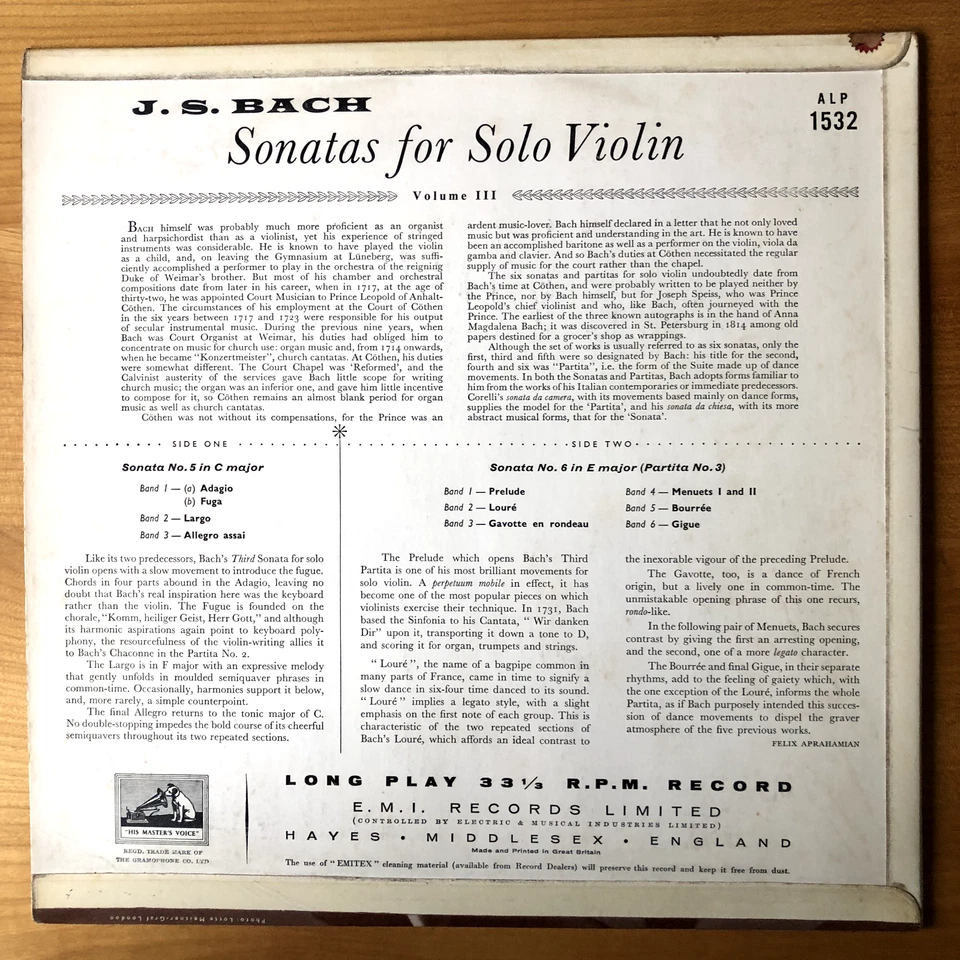 HMV ALP 1532 Yehudi MENUHIN Bach Sonatas N°5 & N°6 For Solo Violin MONO LP EX - Photo 3/4