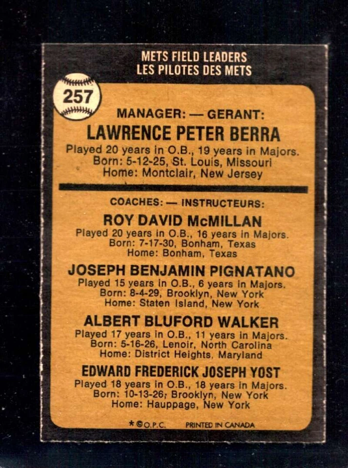 1973 O-PEE-CHEE #257 YOGI BERRA VG METS MG HOF NICELY CENTERED *X113148 - Image 2 of 2