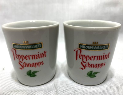 2 Vintage Hiram Walker Peppermint Schnapps White Ceramic Shot Glasses Liquor